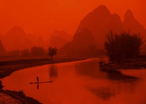 Framed Limestone Mountains, Li River Fishermen, Yangshou, Guilin, China Print