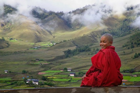 Framed Monk and Farmlands in the Phobjikha Valley, Gangtey Village, Bhutan Print