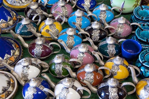 Framed Morocco, Casablanca, market, Ceramic tea pots Print