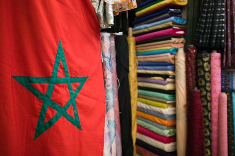 Framed Moroccan Flag, The Souqs of Marrakech, Marrakech, Morocco Print