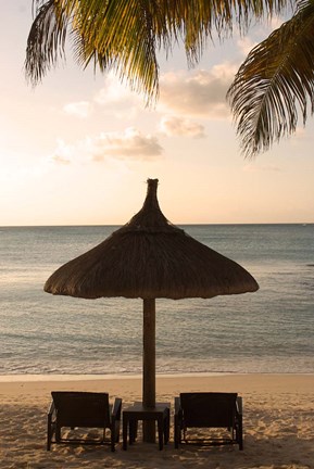 Framed Mauritius, Beach scene, umbrella, chairs, palm fronds Print