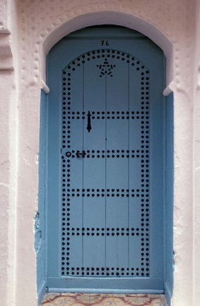 Framed Moorish-styled Blue Door and Whitewashed Home, Morocco Print
