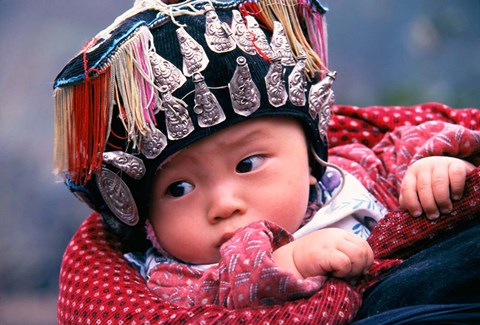 Framed Miao Baby Wearing Traditional Hat, China Print