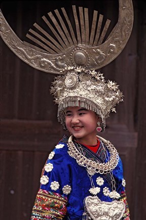 Framed Miao Girl in Traditional Silver Hairdress and Costume, China Print