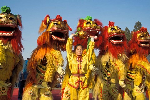 Framed Lion dance performance celebrating Chinese New Year Beijing China - MR Print
