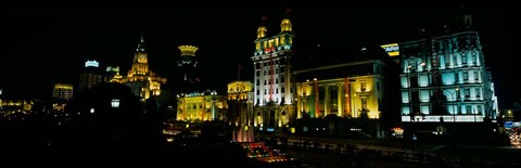 Framed Night View of Colonial Buildings Along the Bund, Shanghai, China Print