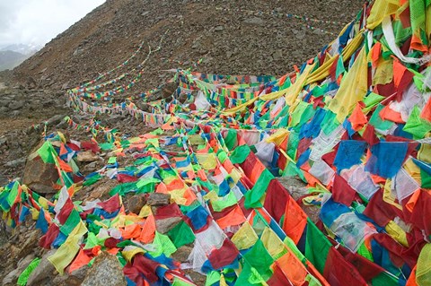 Framed Praying Flags with Mt. Quer Shan, Tibet-Sichuan, China Print