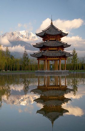 Framed Pagoda in pond, Valley of Jade Dragon Snow Mountain Print