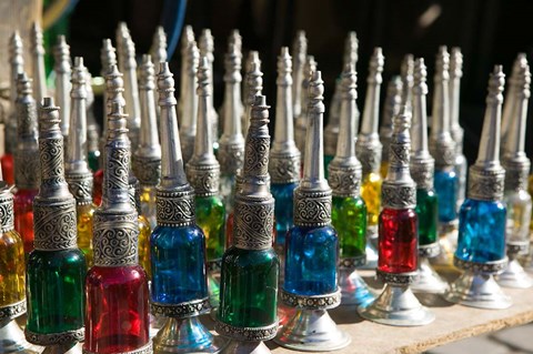 Framed Perfume Bottles, The Souqs of Marrakech, Marrakech, Morocco Print