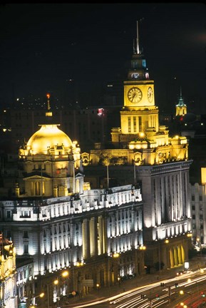 Framed Night View of Colonial Buildings on the Bund, Shanghai, China Print