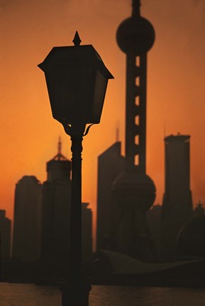 Framed Oriental Pearl TV Tower and High Rises at Sunrise, Shanghai, China Print