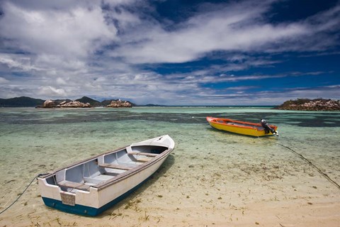 Framed Seychelles, La Digue Island, Fishing boats Print