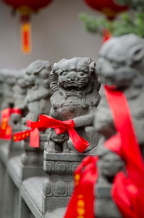 Framed Stone lions with red ribbon, Jade Buddah Temple, Shanghai, China Print