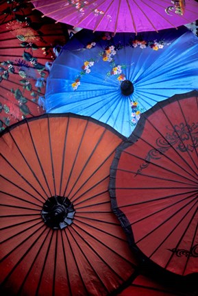 Framed Souvenir parasols for sale at a market, Rangoon, Burma Print
