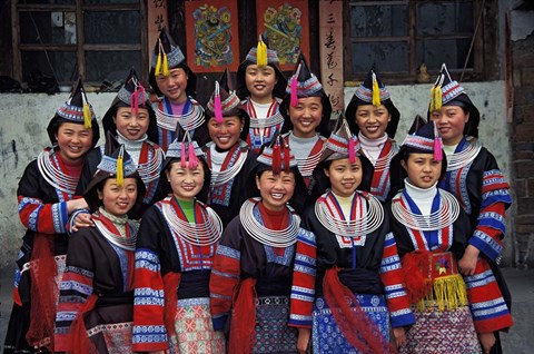 Framed Tip-Top Miao Girls in Traditional Costume, China Print