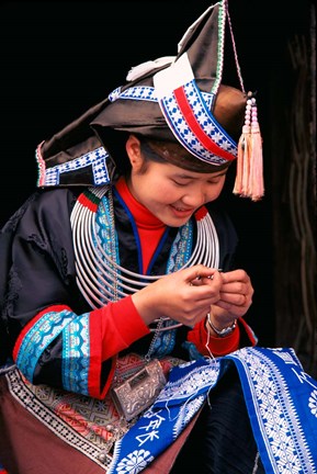 Framed Tip-Top Miao Girl Doing Traditional Embroidery, China Print