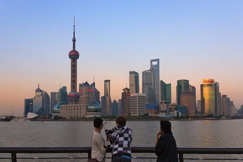 Framed Pudong skyline dominated by Oriental Pearl TV Tower, Shanghai, China Print