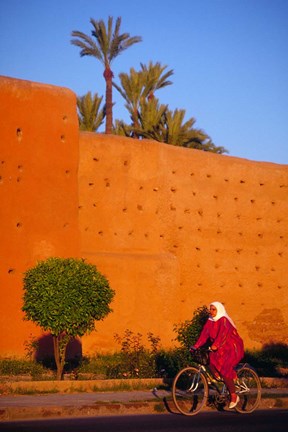 Framed Veiled Woman Bicycling Below Red City Walls, Marrakech, Morocco Print