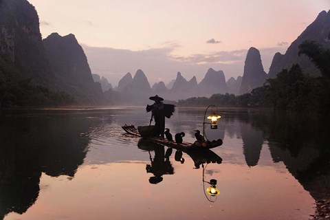 Framed Traditional Chinese Fisherman with Cormorants, Li River, Guilin, China Print
