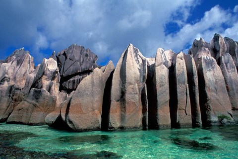 Framed Unique Rock Formations on Shore of Curieuse Island, Seychelles Print