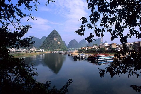 Framed Wonderful ragged Limestone Mountains and Li River and city life of Yangshuo area of China Print