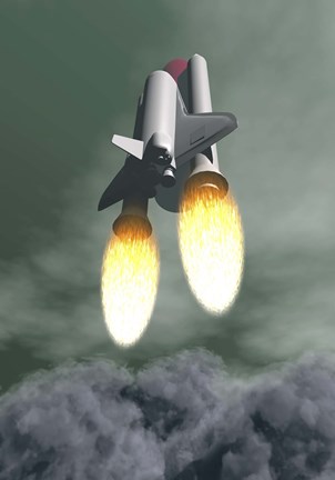 Framed Space shuttle taking off amongst grey smoke and clouds Print