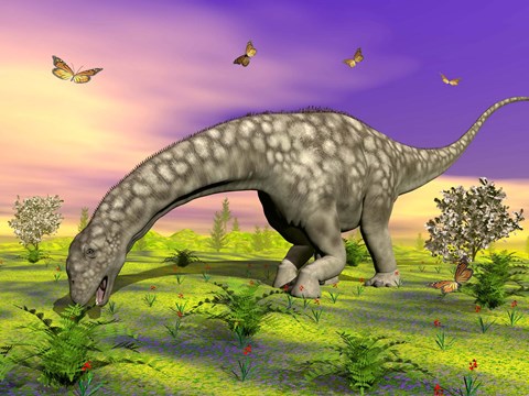 Framed Argentinosaurus eating plants while surrounded by butterflies and flowers Print