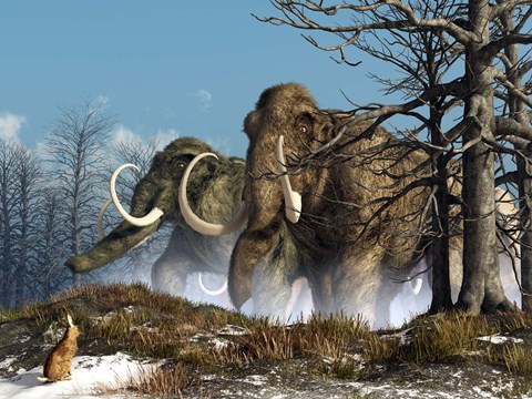 Framed rabbit witnesses a herd of mammoths in a snowy forest Print