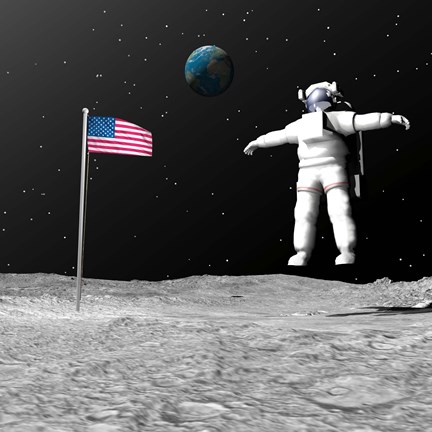 Framed First astronaut on the moon floating next to American flag Print