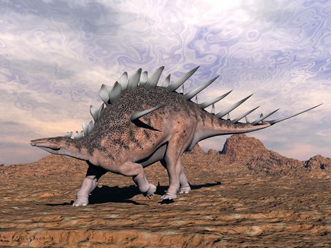 Framed Kentrosaurus dinosaur walking in the desert Print