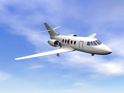 Framed Private jet plane flying in cloudy blue sky Print