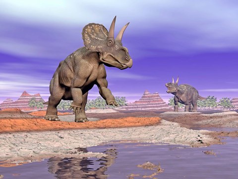 Framed Two Nedoceratops next to water in a colorful rocky landscape Print
