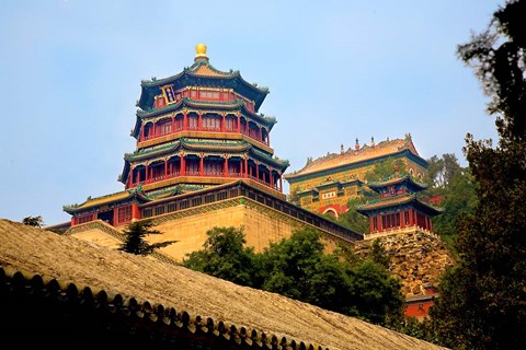 Framed Tower in The Pavilion of Buddhist Fragrance, Beijing, China Print