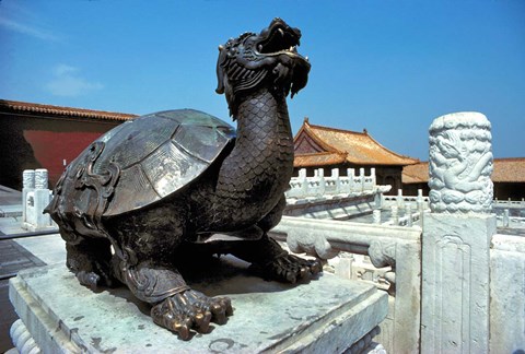 Framed China, Beijing, Forbidden City, Turtle statue Print