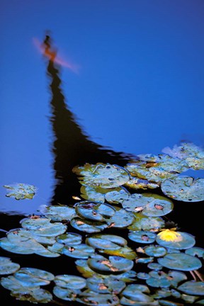 Framed Lily Pond and Temple Reflection in Blue, China Print