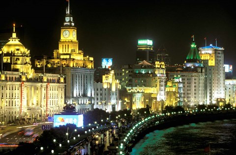 Framed View of the Bund Area Illuminated at Night, Shanghai, China Print