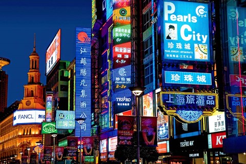 Framed neon signs along the shopping and business center at night, Nanjing Road, Shanghai, China Print