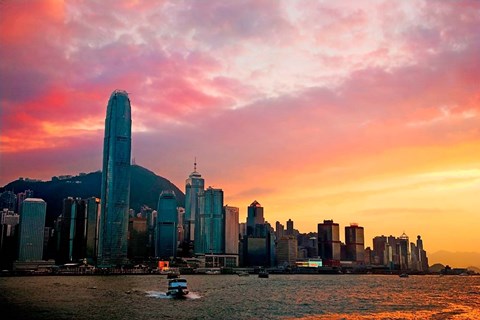 Framed Victoria Peak as seen from a boat in Victoria Harbor, Hong Kong, China Print