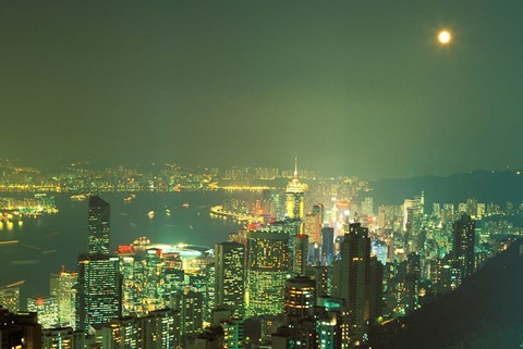 Framed City Lights at Twilight From Victoria Peak, Central District, Hong Kong, China Print