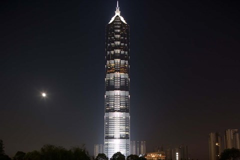 Framed Full Moon Rises Behind Jin Mao Tower in Pudong Economic Zone, Shanghai, China Print