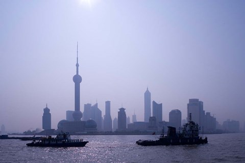 Framed Water Traffic along Huangpu River Passing Oriental TV Tower and Pudong Skyline, Shanghai, China Print