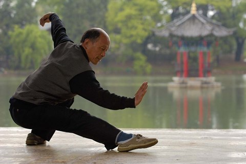 Framed Man Doing Tai Chi Exercises at Black Dragon Pool with One-Cent Pavilion, Lijiang, Yunnan Province, China Print