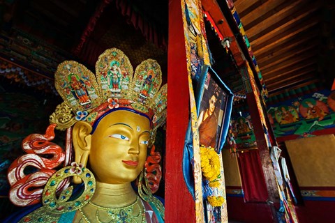 Framed Dalai Lama Picture Beside Maitreya Buddha, Thiksey Monastery, Thiksey, Ladakh, India Print