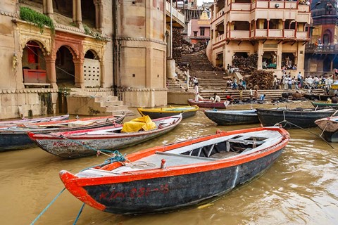 Framed Boats on River Ganges, Varanasi, India Print