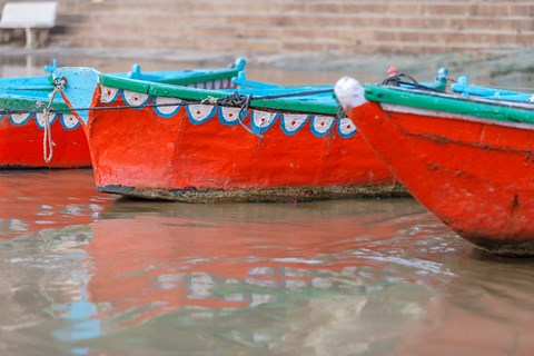 Framed Wooden Boats in Ganges river, Varanasi, India Print