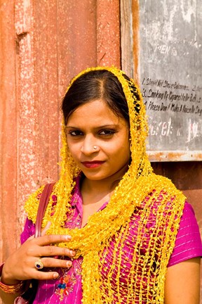Framed Woman in Colorful Sari in Old Delhi, India Print