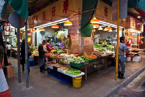 Framed Street Market Vegetables, Hong Kong, China Print