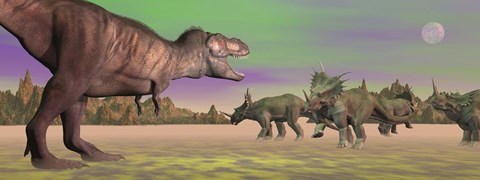 Framed Tyrannosaurus attacking Styracosaurus dinosaurs Print
