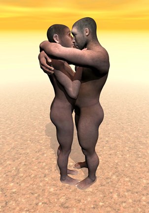 Framed Male and female Homo erectus hugging in the desert Print