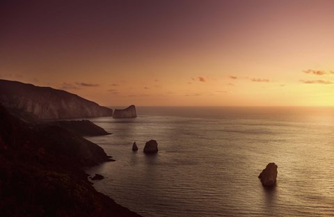 Framed Aerial view of sea and mountains at sunset, Nebida, Sardinia, Italy Print
